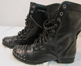 Brash Black Faux Leather Tie-Up Combat Boots