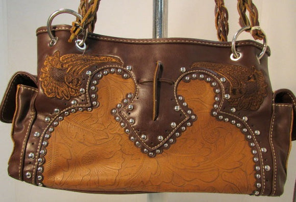 Montana West Brown Leather Studded Western Style Shoulder Bag