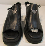 Harley-Davidson Black Leather Open-Toe Heeled Wedge Sandal