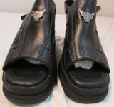 Harley-Davidson Black Leather Open-Toe Heeled Wedge Sandal