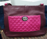 Coach Park Quilted Color block Carrie Tote Burgundy Leather and Navy Blue Suede Sides