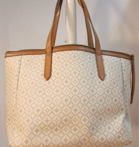 Fossil Beige and Cream Shopper Faux Leather Tote