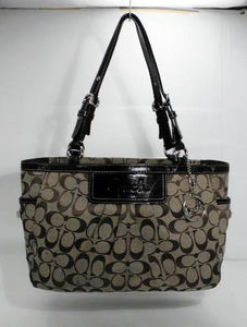Coach Pleated Gallery Khaki Brown Leather and Jacquard Tote
