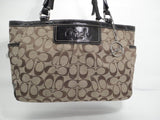Coach Pleated Gallery Khaki Brown Leather and Jacquard Tote