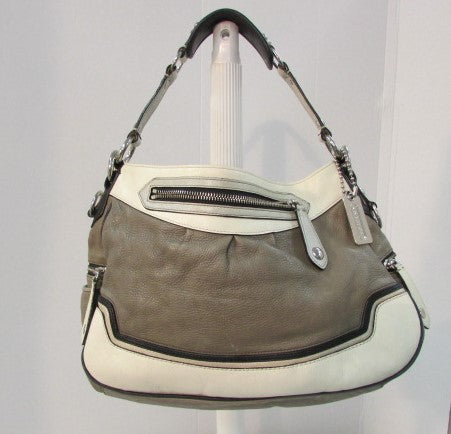 Coach Madison Leather Spectator Shoulder Bag Olive Green/Cream with Black and Gold Trim.