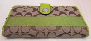 Coach Khaki Signature Canvas with Lime Green Stripe Wallet