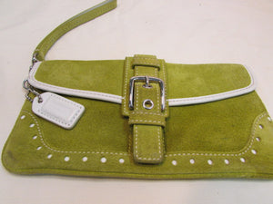 Coach Green Suede White Leather Trim Wristlet