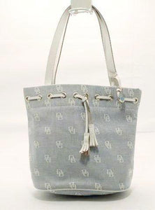 Dooney and Bourke Medium Blue and White Signature Canvas with Leather Bucket Purse.