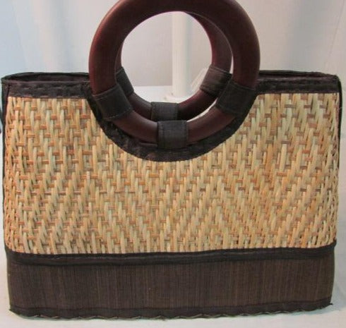 Mexican Straw Purse with Small Loop Wooden Handles