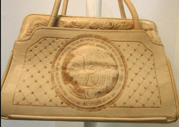 Light Tan Aztec/Mayan Tooled Leather Satchel