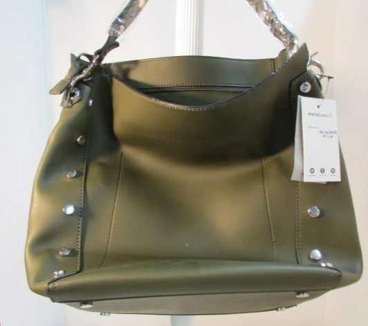 Meliebianco Olive Green Lux Leather Studded Tote.  Vegan Bag