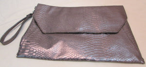 Silver Metallic Reptile Faux Leather Large Clutch Wristlet
