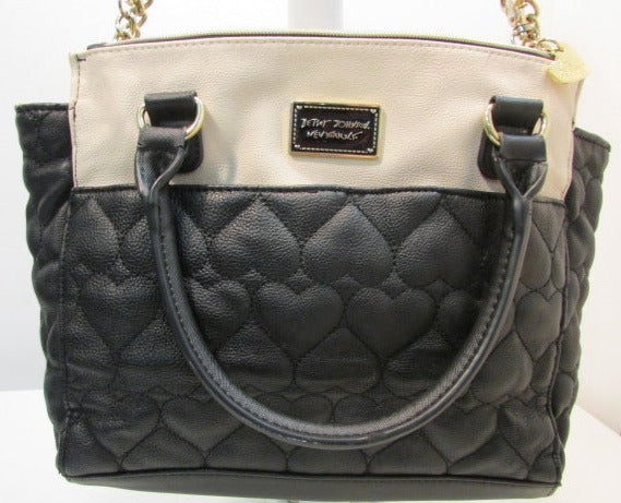 Betsey Johnson Black/Cream Quilted Heart Vinyl Satchel Purse