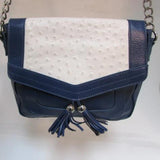 Audrey Brooke Navy Blue Leather with White Flap Crossbody Purse