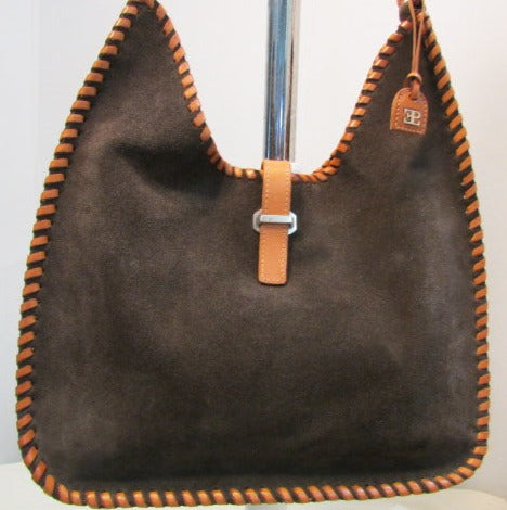 El Portal Brown Suede with Genuine Leather Stitched Edging Hobo Bag - NWT