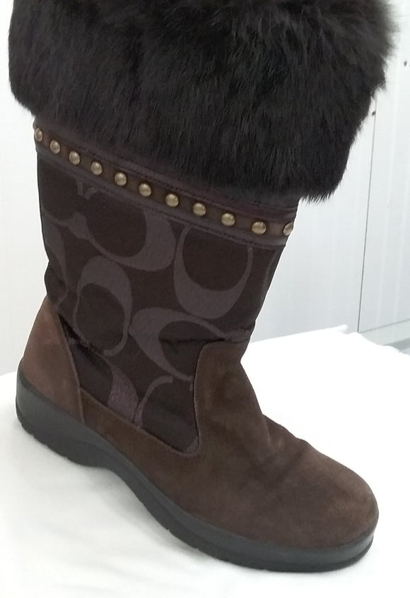 Coach Lesly Brown Canvas, Suede and Fur Boots