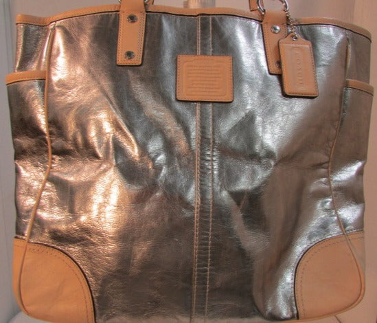 Coach Silver and Tan Leather Tote with Silver Hardware